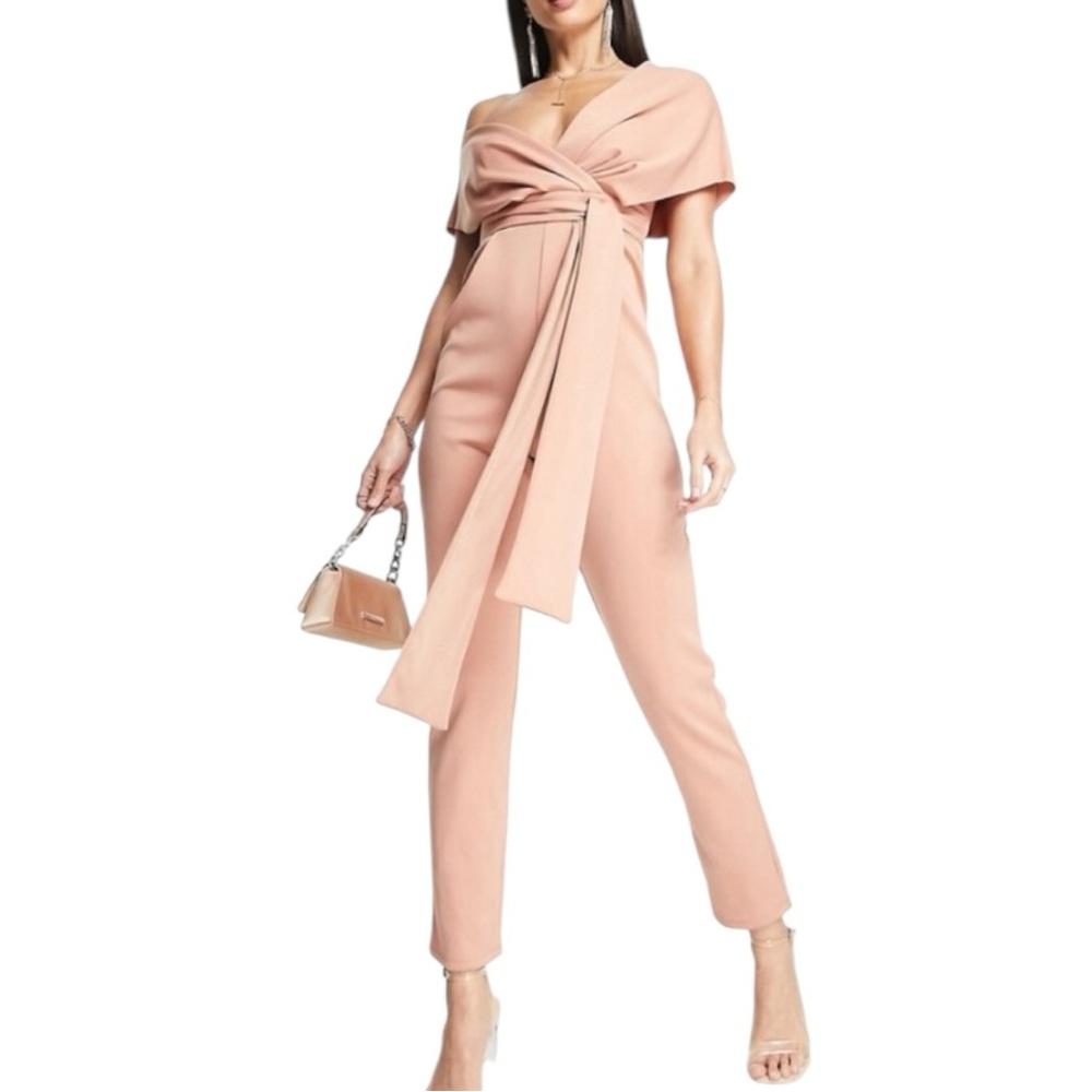 ASOS Design Fallen Shoulder Scuba Jumpsuit size 10 in Blush Sash Belt